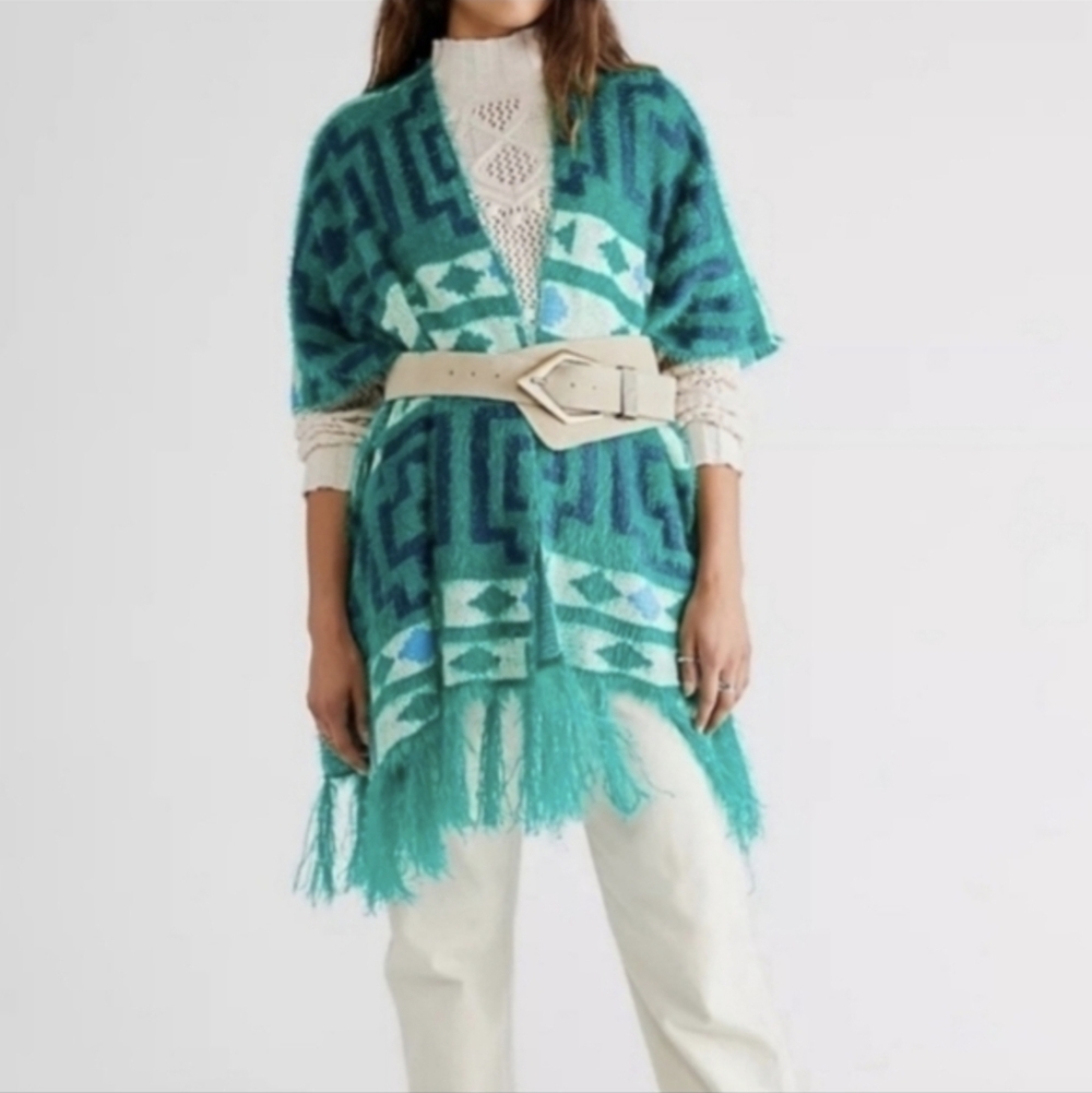 Free People Boho Kimono Poncho Diamondback Design Emerald Blue OS 36.5"W 32"LNew - Picture 10 of 10